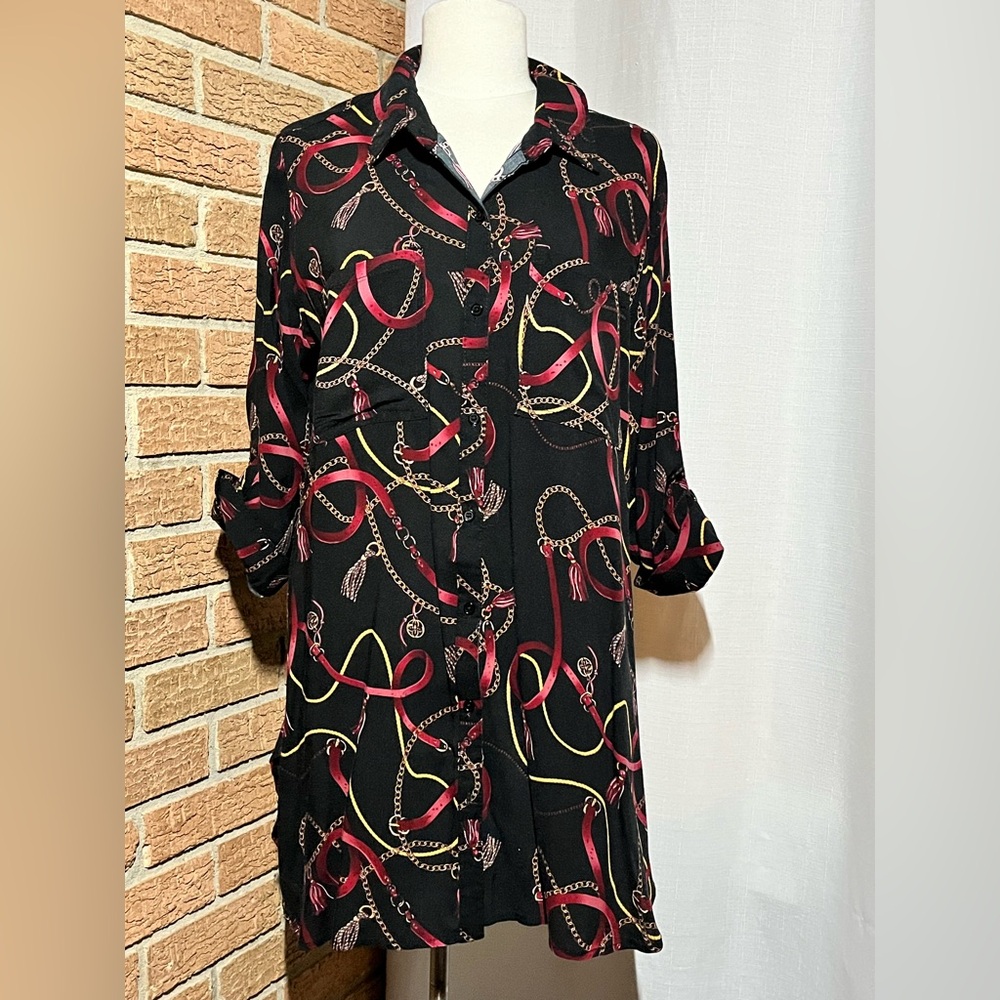 KC Khaki & Co chain link print black equestrian roll-tab sleeve shirt dress- L